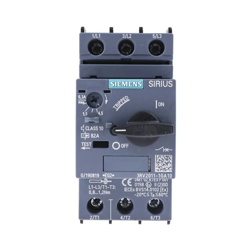 Siemens 4.5A, 6.3A 3RV2 Series Motor Protection Circuit Breaker 690V Magnetic Sensing 3 Poles 3RV2011-1GA10