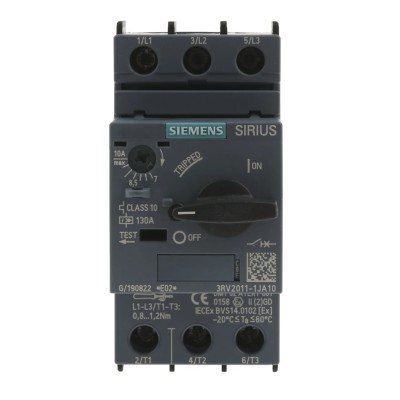 Siemens Motor Protection Circuit Breaker 10A, 7 A, 690V, Magnetic Sensing, 3 Poles 3RV2011-1JA10