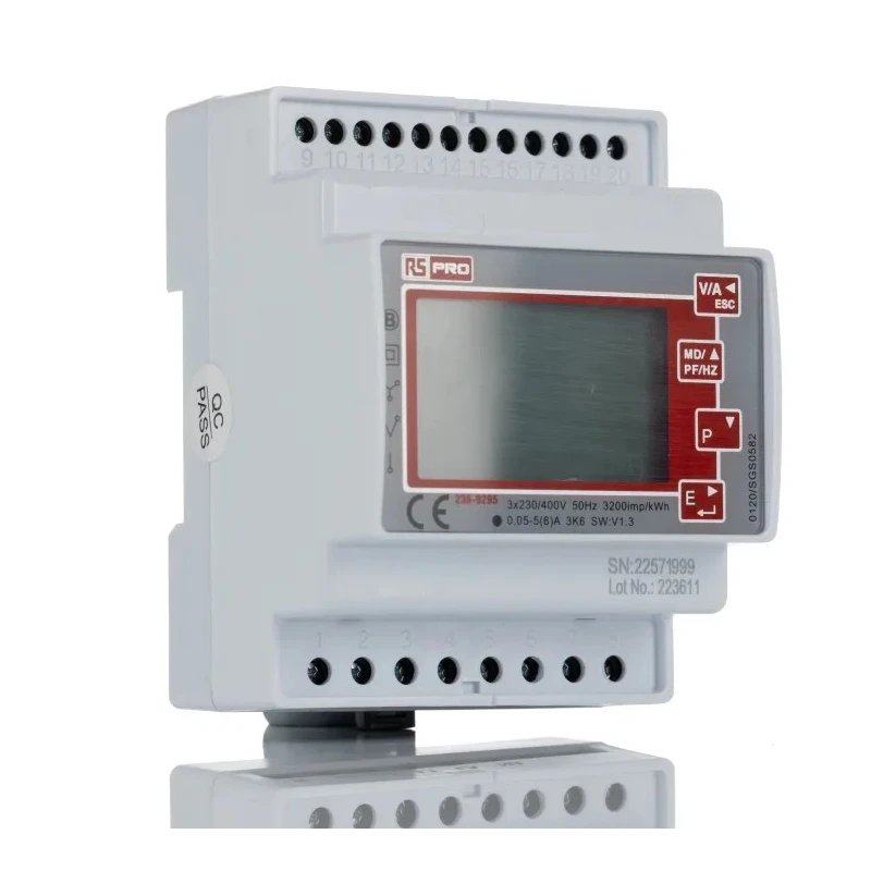 RS PRO 3 Phase Multifunction LCD Backlight Energy Meter with Pulse Output and RS485 Modbus 236-9295