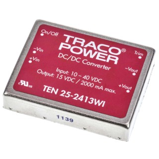 TRACOPOWER TEN 25WI DC/DC Converter, 15V DC, 2A, 40V DC Input Max, 10V DC Input Min, 30W Through Hole, 85°C TEN 25-2413WI