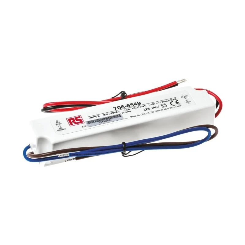 MEAN WELL IP67 Encapsulated 1 Output LED Driver, 25 V, 6 V, 17.5 W, 700mA Constant Current 
