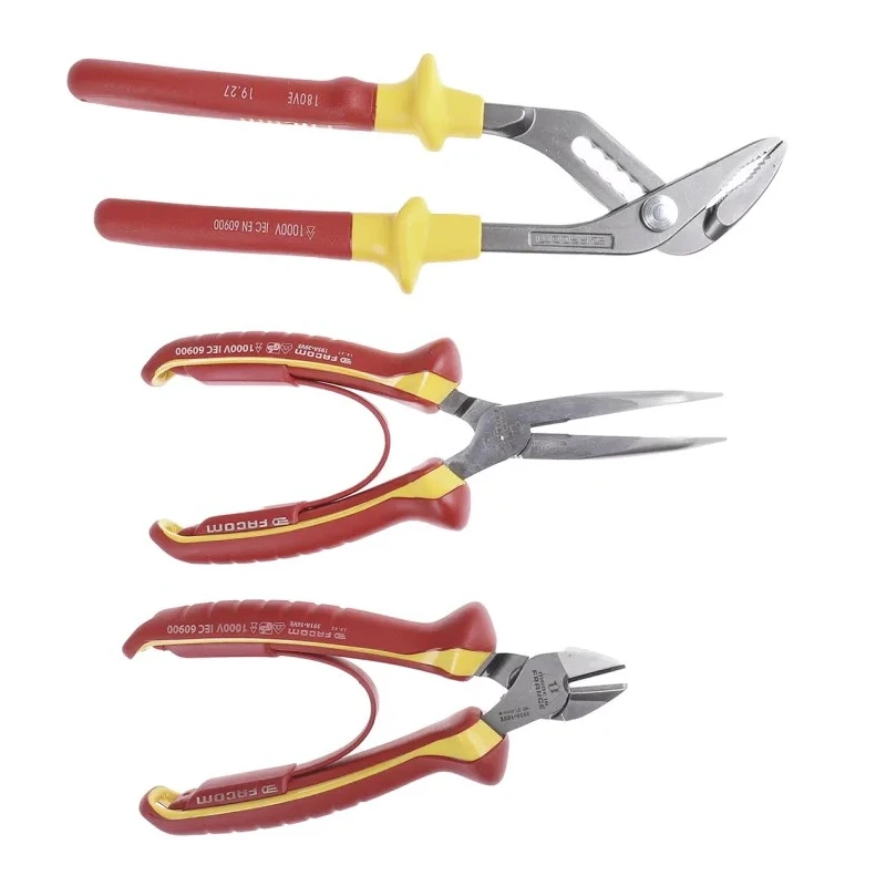 Facom 3-Piece 1000 V Insulated Plier Set Includes Cutters, Long Nose Pliers, Water Pump Pliers VE.A3