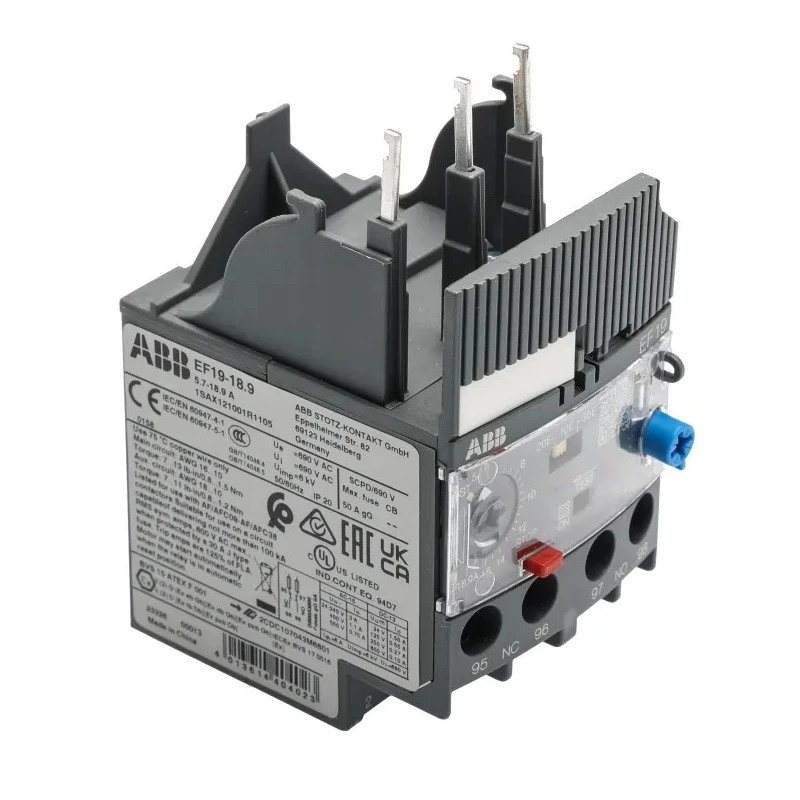 ABB Overload Relay 1 NO 1 NC, 18.9A Contact Rating, 304W Power, 600V AC/DC, Adjustable Current 5.7 to 18.9A, Automatic EF19