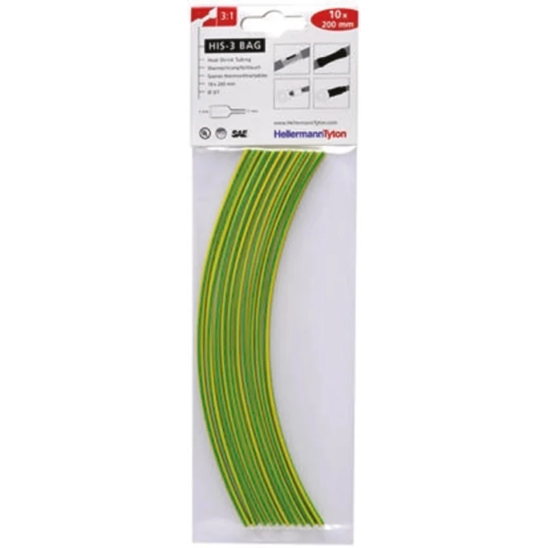 HellermannTyton Heat Shrink Tubing Green 3 mm Sleeve Diameter x 200 mm Length 3:1 Ratio 308-30316 HIS-3-BAG-3/1-PO-X-GNYE