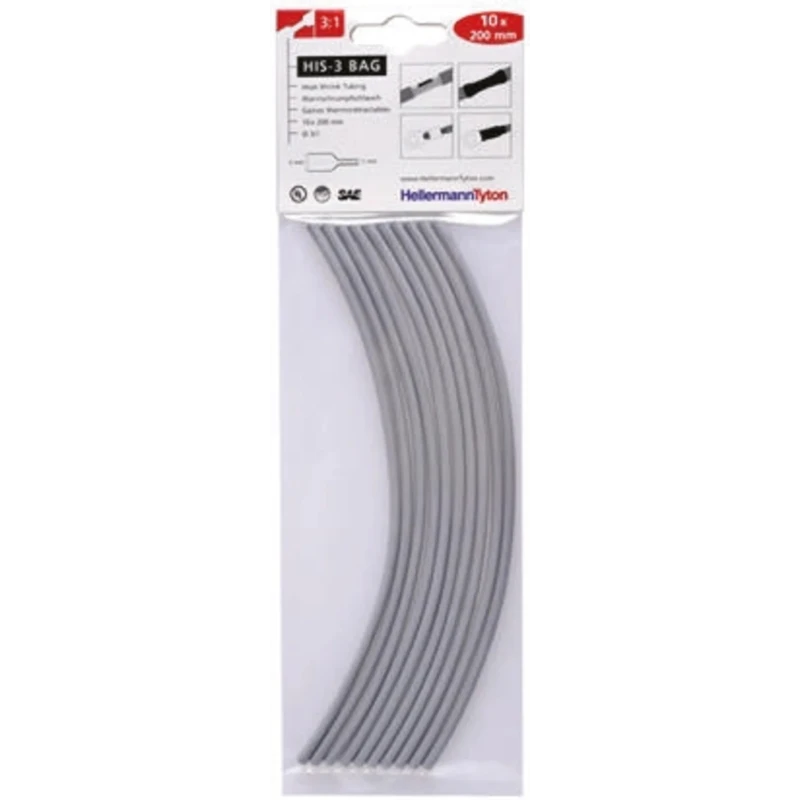 HellermannTyton Heat Shrink Tubing 3 mm Sleeve Diameter x 200 mm Length 3:1 Ratio HIS-3 BAG 308-30313 HIS-3-BAG-3/1-PO-X-GY