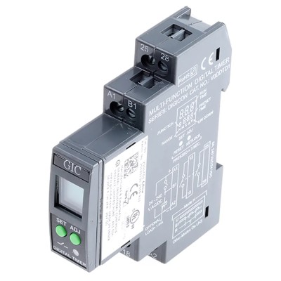 GIC DIGICON Series DIN Rail Timer Relay 1-Contact 24 to 240 V dc 24V ac 240 V ac 0.1 s to 999 h V0DDTD1