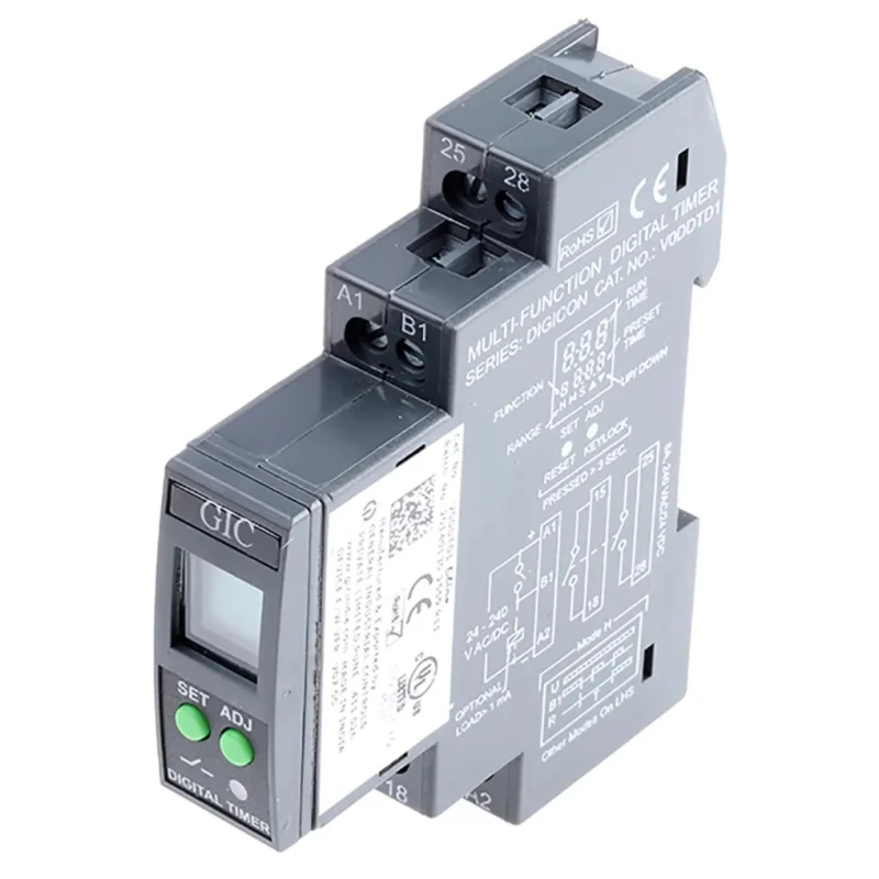 GIC DIGICON Series DIN Rail Timer Relay 1-Contact 24 to 240 V dc 24V ac 240 V ac 0.1 s to 999 h V0DDTD1