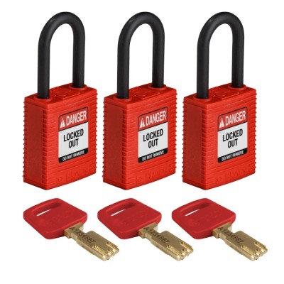 Brady Red Safety Padlock Nylon with 6.35 mm Shackle Diameter and 38 mm Shackle Length NYL-RED-38PL-KA3PK