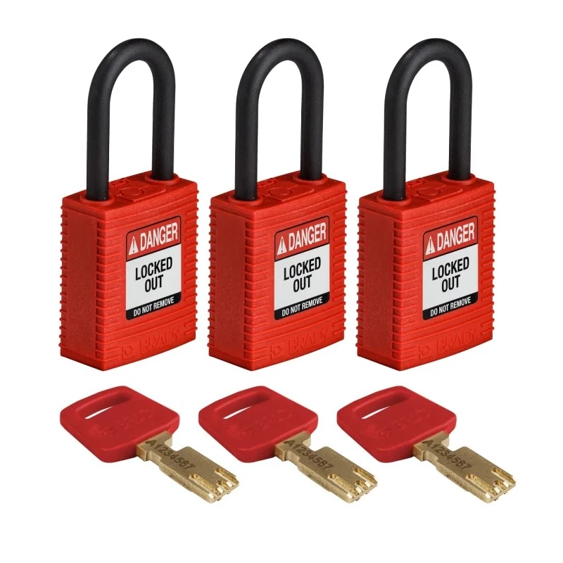 Brady Red Safety Padlock Nylon with 6.35 mm Shackle Diameter and 38 mm Shackle Length NYL-RED-38PL-KA3PK