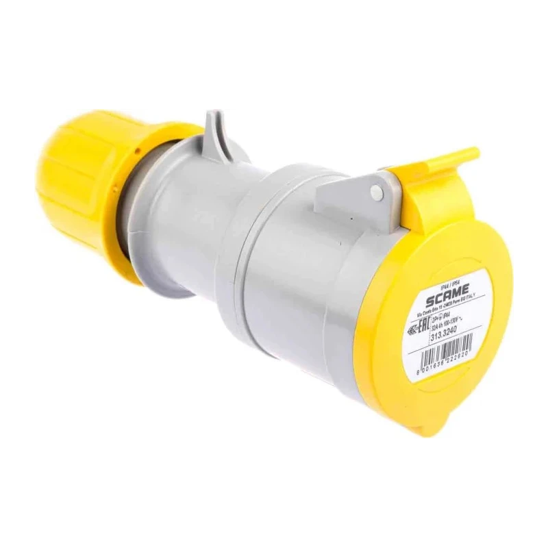 Scame Industrial Power Connector 32A 110V IP44 Yellow Cable Mount 2P+PE Optima IP44