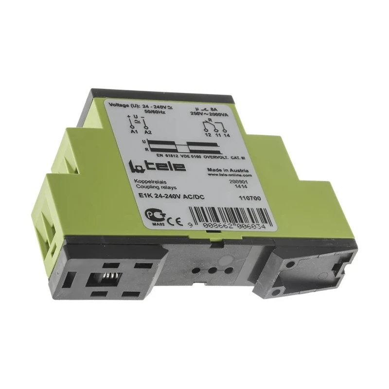 Tele ENYA Series Coupling Relay Interface Relay DIN Rail Mount 24, 240V AC/DC Coil Voltage 1CO Contact E1K 24-240VACDC