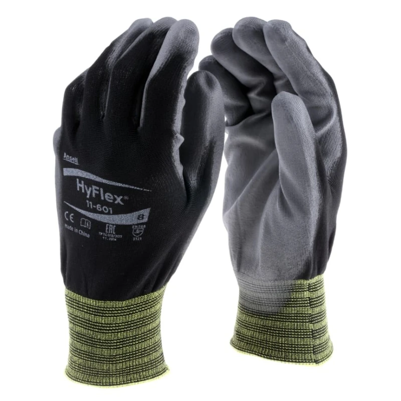 Ansell HyFlex 11-601 Black Nylon Work Gloves Size 8 Polyurethane Coating 11601080