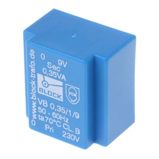 Block 9 V AC 1 Output Pin PCB Transformer, 0.35 VA, 230 V AC Primary, C-UL-US, ENEC 10 (VDE) VB 0,35/1/9