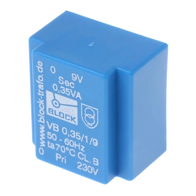 Block 9 V AC 1 Output Pin PCB Transformer, 0.35 VA, 230 V AC Primary, C-UL-US, ENEC 10 (VDE) VB 0,35/1/9