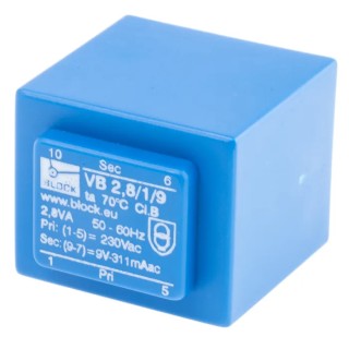 Block PCB Transformer 230 V ac 9 V ac 2.8 VA Pin Mount VB 2,8/1/9