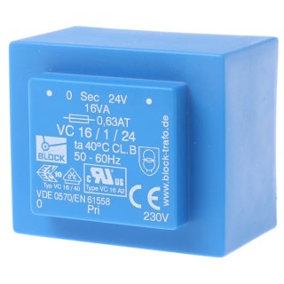 Block PCB Transformer 230 V ac Primary 24 V ac Secondary 16 VA Pin Mount VC 16/1/24