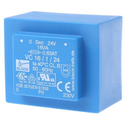Block PCB Transformer 230 V ac Primary 24 V ac Secondary 16 VA Pin Mount VC 16/1/24