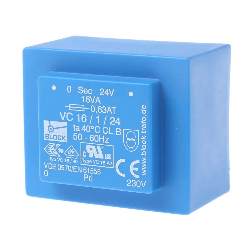 Block PCB Transformer 230 V ac Primary 24 V ac Secondary 16 VA Pin Mount VC 16/1/24