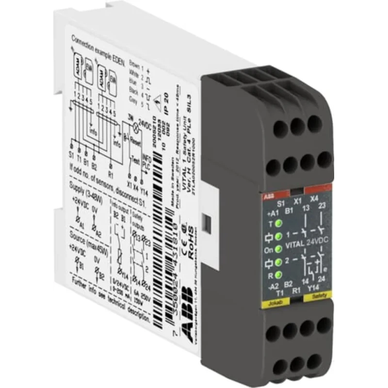 ABB Vital 24V DC Safety Relay, 2 Safety Contacts, Automatic & Manual Reset, DIN Rail Mount, IP40 2TLA020052R1000 Vital 1