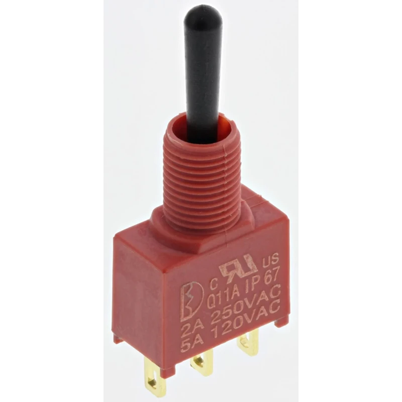 RS PRO Toggle Switch PCB Mount On-Off-On SPDT Solder Terminal IP67 Chrome Plated Brass Actuator 12 V dc 112 V ac 734-6993
