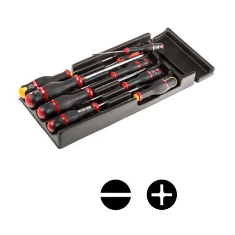 Facom Phillips Slotted Standard Screwdriver Set 8-Piece, Bi-Material Grip, Black Tipped Mat Chromed Blades MOD.AT1
