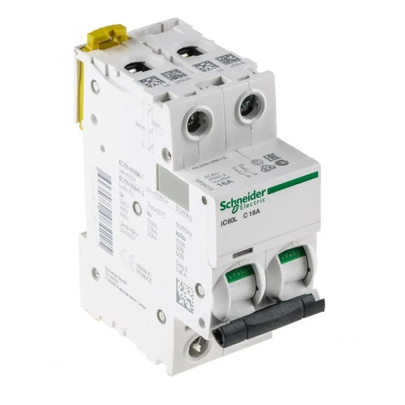 Schneider Electric Acti9 iC60L Miniature Circuit Breaker, 2-Pole, 16A, Type C, Thermal Magnetic Trip Unit A9F94216