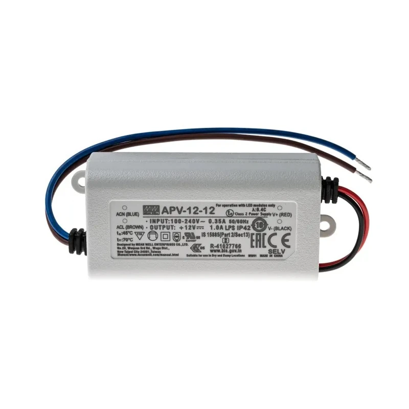 MEAN WELL IP30 1 Output LED Driver, 12V, 12W, 1A Constant Voltage AC-DC Power Supply 