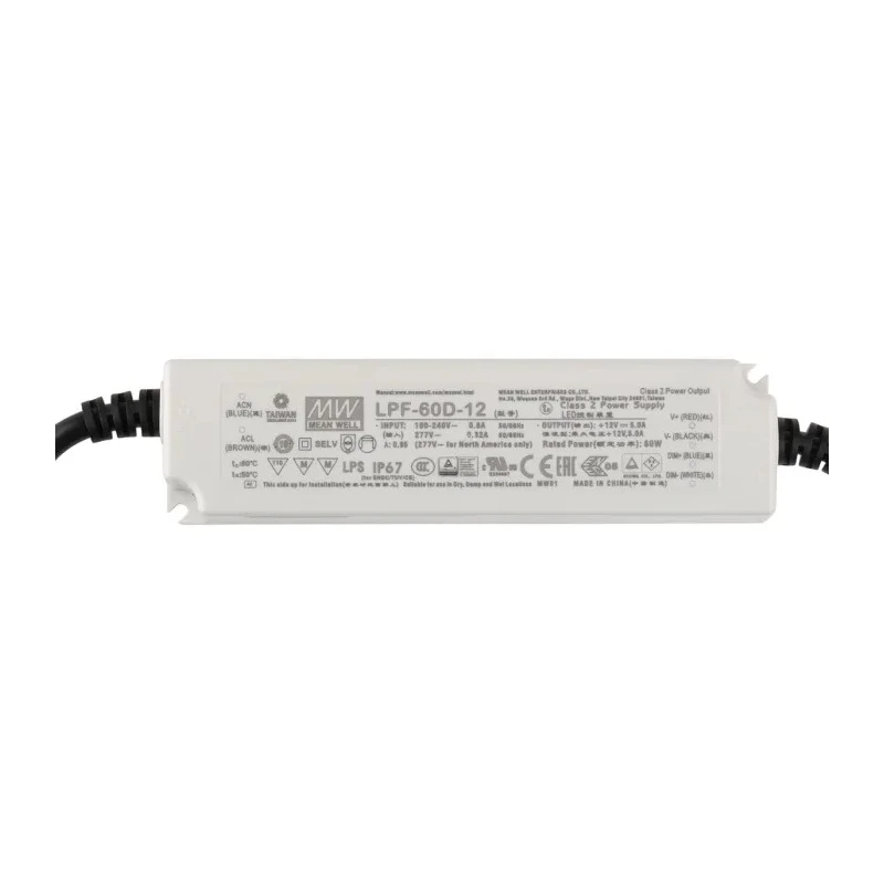 MEAN WELL Dimmable Constant Voltage IP67 LED Driver, 60W, 12V, 5A, 5 Outputs, 1 to 10 V PWM Resistance 