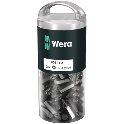 Wera Screwdriver Bit Set PH2 Tip, 1/4 in Hex Drive, Stainless Steel, 100 Pieces 05072441001