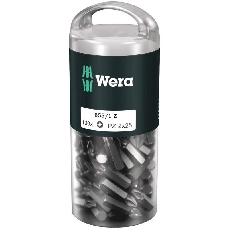 Wera Screwdriver Bit, 1/4 in Hex Drive, PZ2 Tip, 25 mm Overall Length, 100-Piece 05072444001
