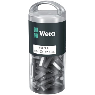 Wera Screwdriver Bit Set, PZ1 Size, 1/4 in Hex Drive, 25 mm Overall Length, Stainless Steel, 100-Piece 05072443001