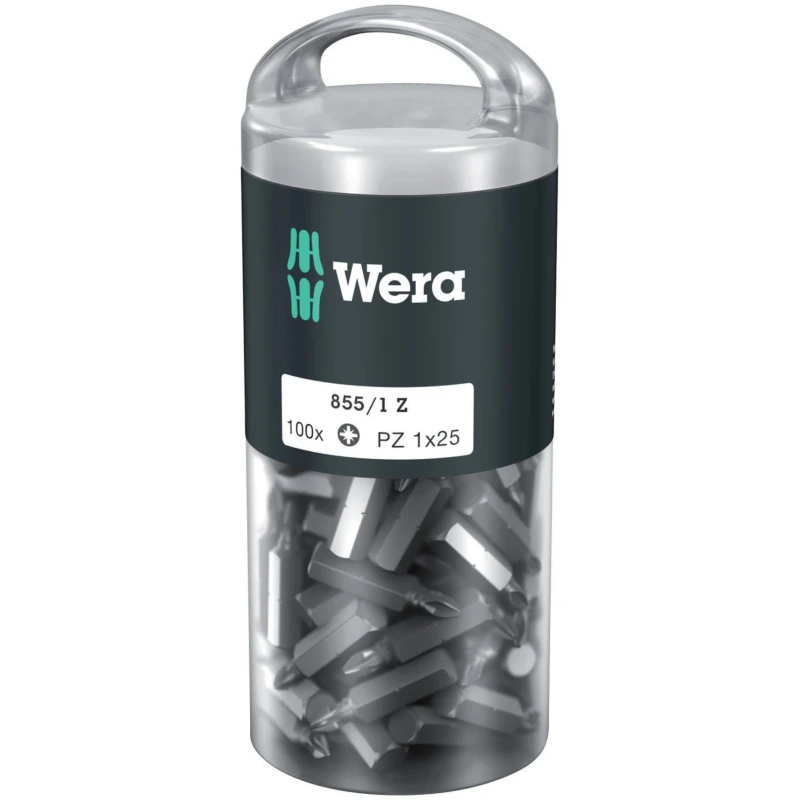 Wera Screwdriver Bit Set, PZ1 Size, 1/4 in Hex Drive, 25 mm Overall Length, Stainless Steel, 100-Piece 05072443001