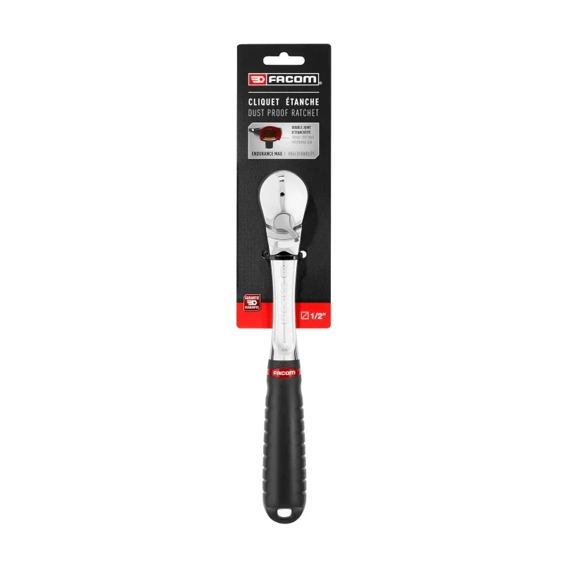 Facom 1/2 in Ratchet with Bi-Material Elastomer Handle, Satin Chrome Finish, 262mm Overall Length SL.161PB