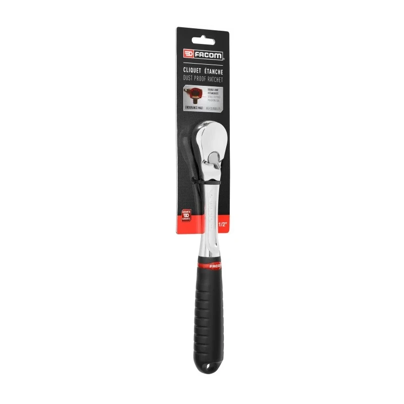 Facom 1/2 in Ratchet with Bi-Material Elastomer Handle, Satin Chrome Finish, 262mm Overall Length SL.161PB
