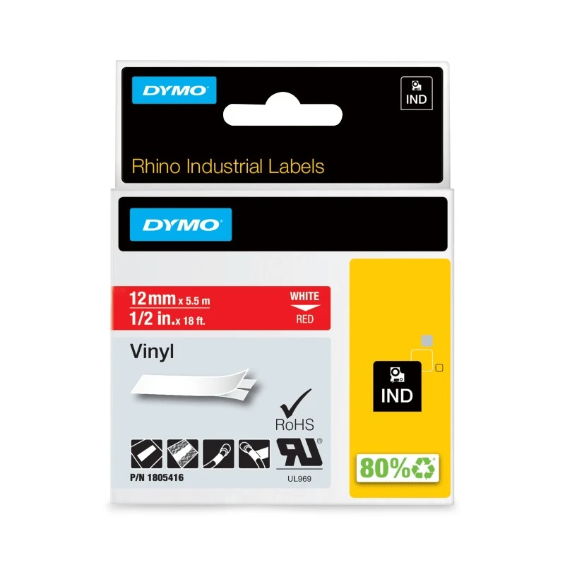 Dymo Label Printer Tape White on Red, 12 mm Width, 5.5 m Length 1805416