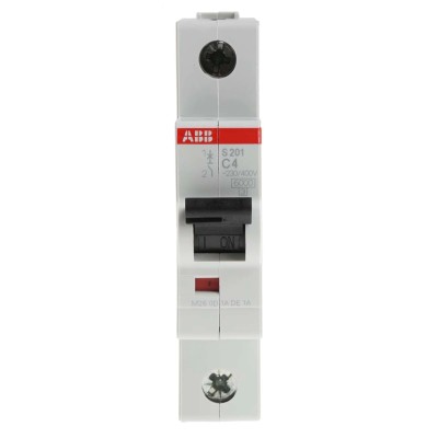 ABB System Pro M Compact S200 Miniature Circuit Breaker 1-Pole 4A Type C 253V AC 72V DC 6kA Breaking 2CDS251001R0044 S201-C4
