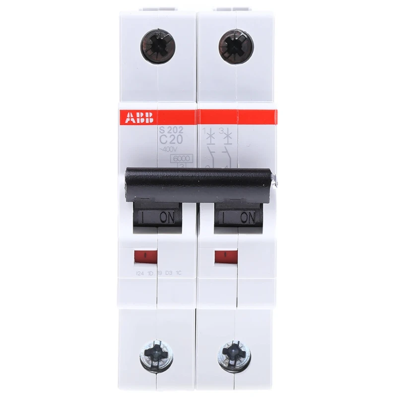 ABB System Pro M Compact S200 Miniature Circuit Breaker, 2-Pole, 20A, Type C, 400V AC, 125V DC, 6 2CDS252001R0204 S202-C20