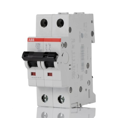ABB System Pro M Compact S200 Miniature Circuit Breaker, 2-Pole, 63A, Type C, 440V AC, 125V DC, 6kA 2CDS252001R0634 S202-C63