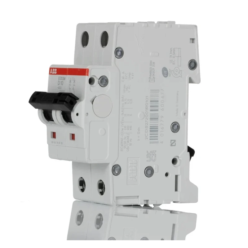 ABB System Pro M Compact S200M Miniature Circuit Breaker, 2-Pole, 10A, Type D, 400V AC, 125V DC 2CDS272001R0101 S202M-D10