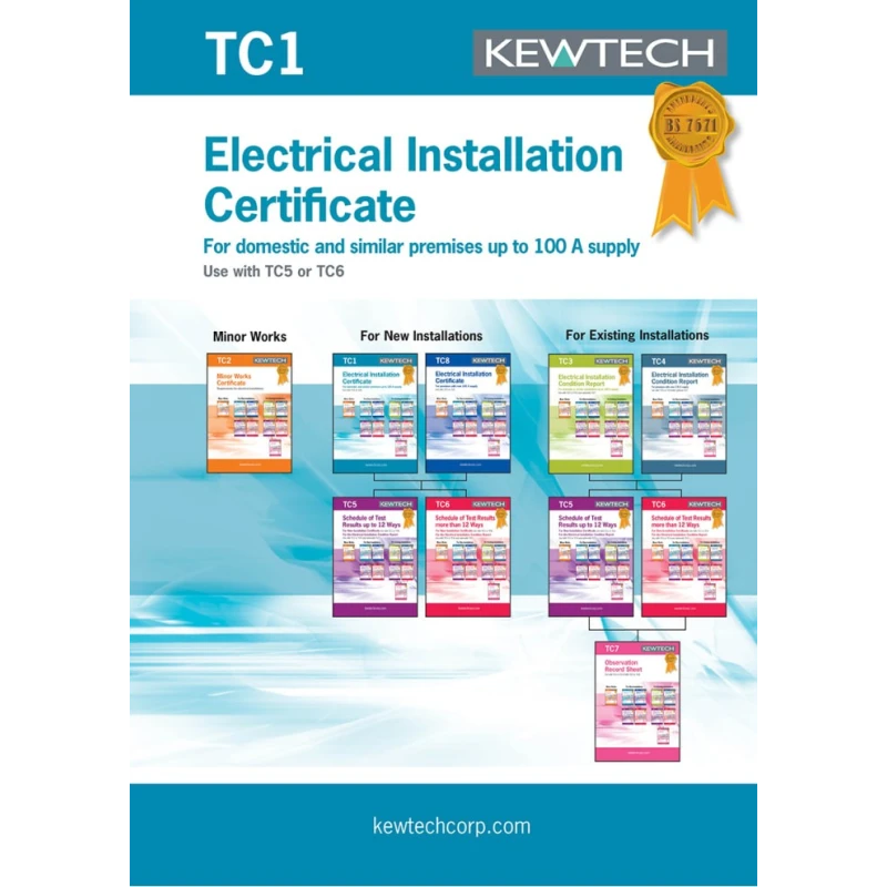 Kewtech Corporation Electrical Installation Certificate 40 Sheets, BS 7671:2018, United Kingdom TC1