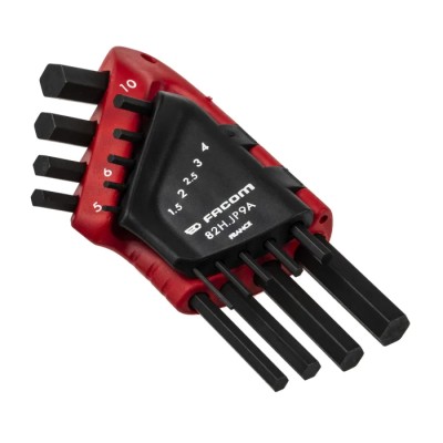 Facom 9 Piece L Metric Hex Key Set with Hex Sizes 1.5 mm to 10.0 mm, Silicon Steel, Phosphate Finish 82H.JP9A