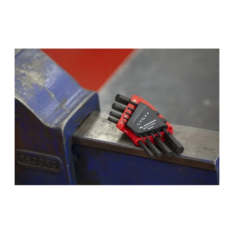 Facom 9 Piece L Metric Hex Key Set with Hex Sizes 1.5 mm to 10.0 mm, Silicon Steel, Phosphate Finish 82H.JP9A