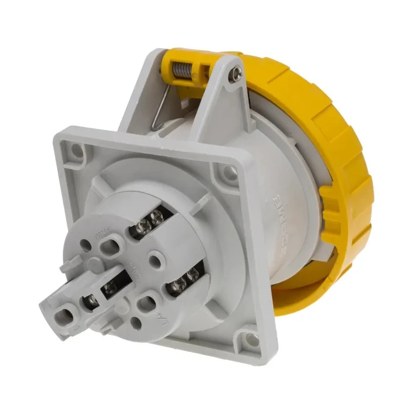 Scame Panel Mount Industrial Socket 32A Current Rating 130V Voltage IP67 Yellow Plastic Optima Series 2P+PE Mount IP67