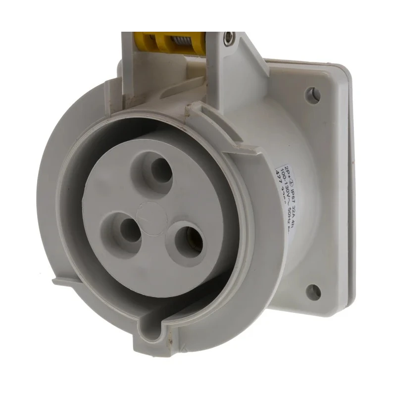 Scame Panel Mount Industrial Socket 32A Current Rating 130V Voltage IP67 Yellow Plastic Optima Series 2P+PE Mount IP67
