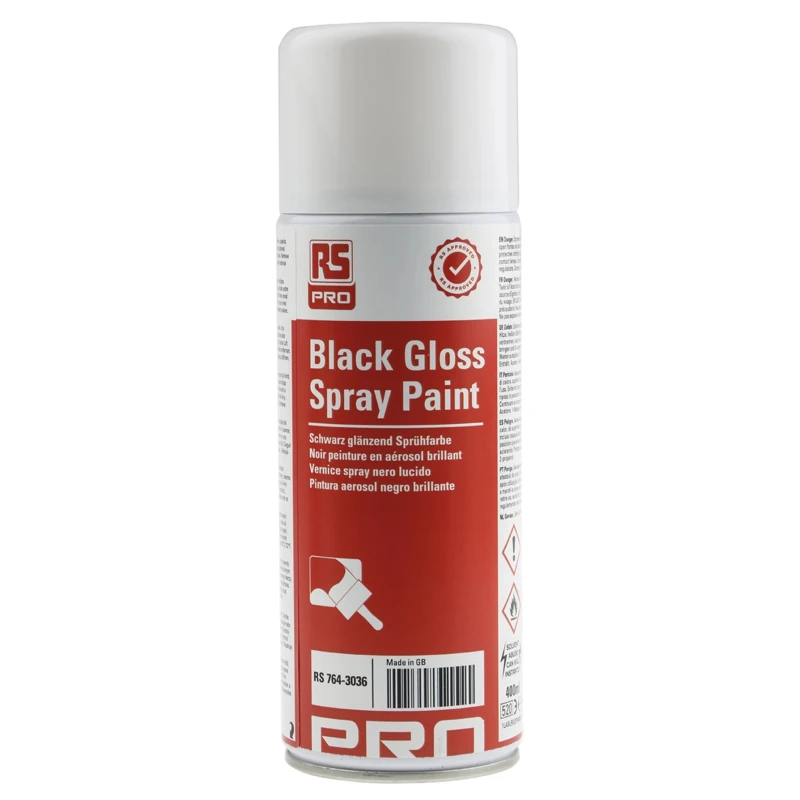 RS PRO 400 ml Black Gloss Acrylic-Based Spray Paint, Fast Drying, Chemical Resistant 764-3036
