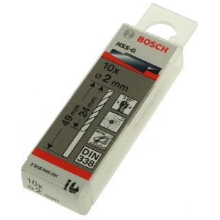 Bosch High-Speed Steel HSS-G Twist Drill Bit, 2mm Diameter, 49mm Overall Length, Cylindrical Shank, 10 Pieces 2608595051