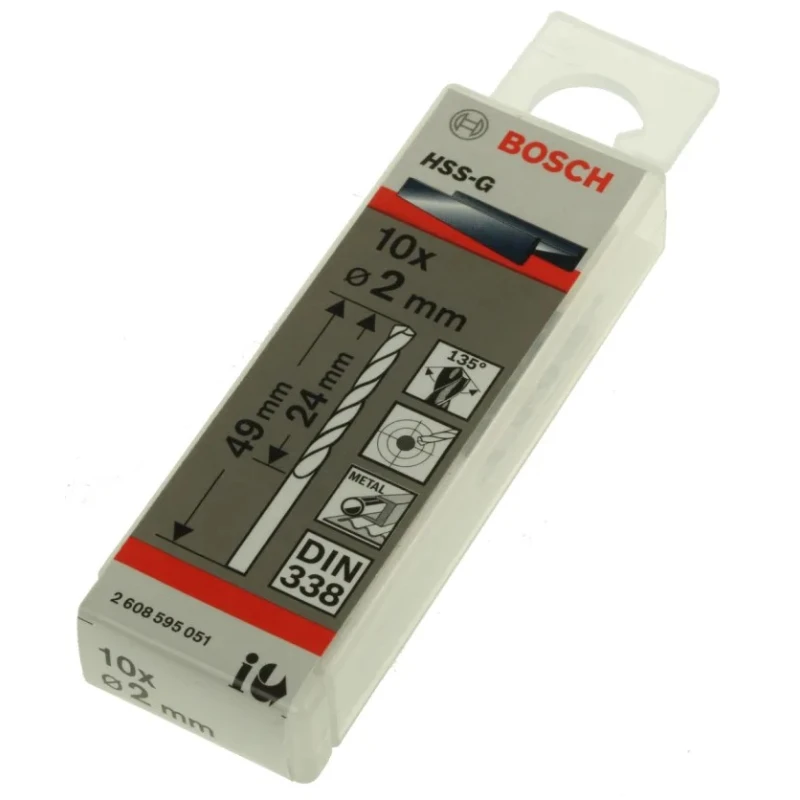 Bosch High-Speed Steel HSS-G Twist Drill Bit, 2mm Diameter, 49mm Overall Length, Cylindrical Shank, 10 Pieces 2608595051