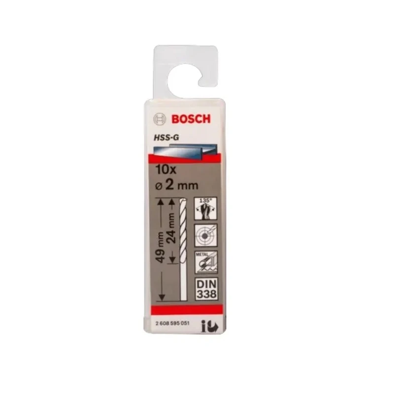 Bosch High-Speed Steel HSS-G Twist Drill Bit, 2mm Diameter, 49mm Overall Length, Cylindrical Shank, 10 Pieces 2608595051