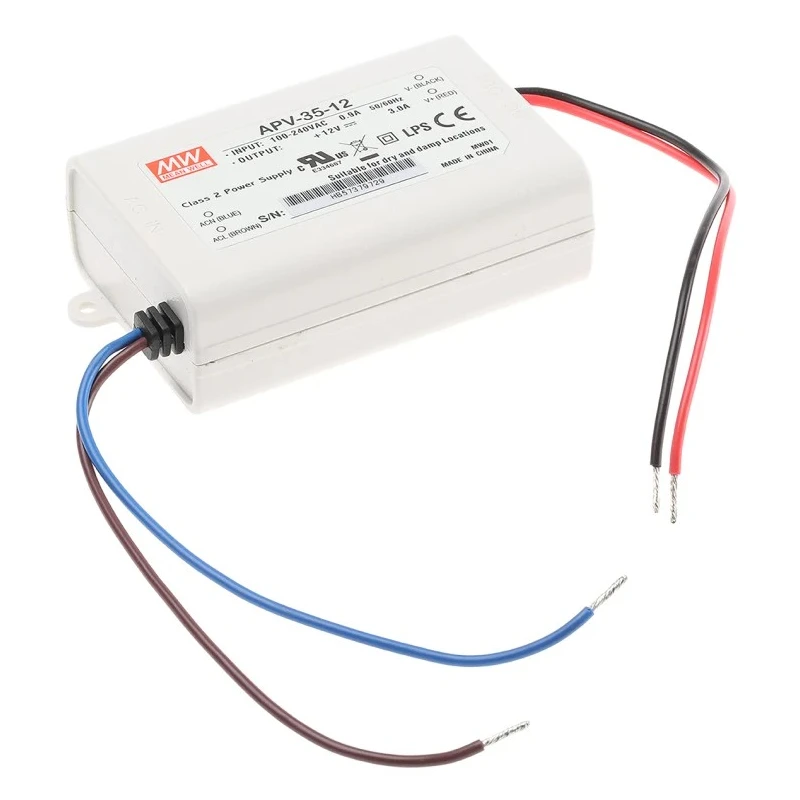 MEAN WELL APV-35 Series 1 Output LED Driver, 12V, 36W, 3A Constant Voltage IP30 Enclosed AC-DC Power Supply IP30
