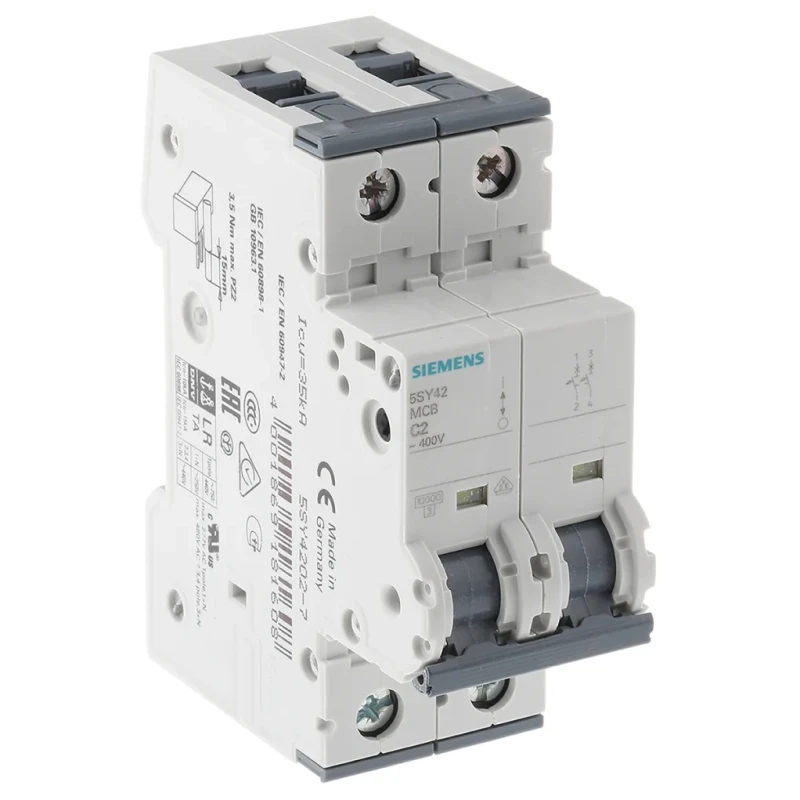 Siemens SENTRON 5SY4 Miniature Circuit Breaker 2-Pole 2A Type C 400V AC 400V DC 10kA Breaking Capacity 5SY4202-7